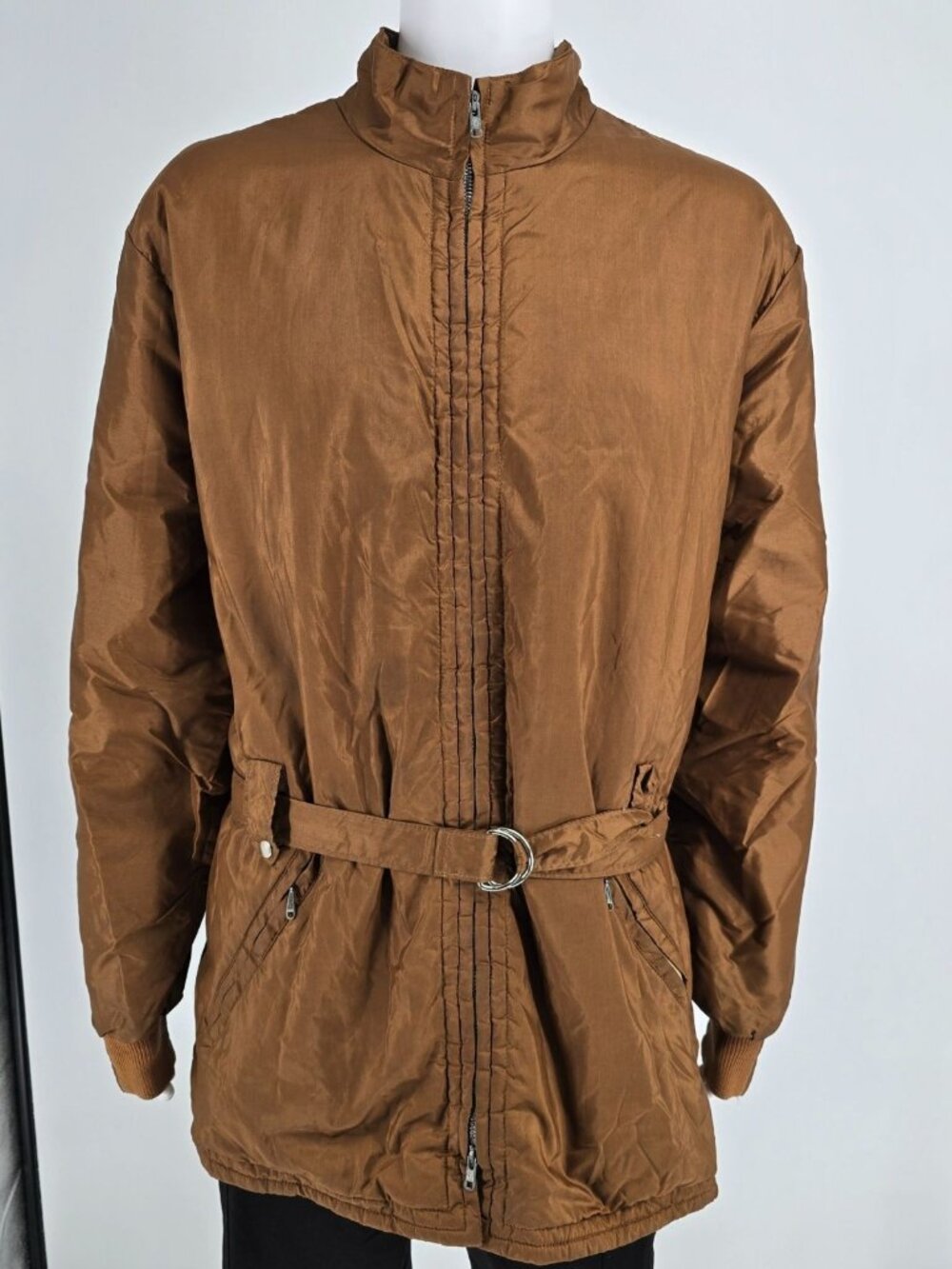 Vintage 1960s Sportcaster Ski Fashions Belted Brown Nylon Ski Jacket (XL)